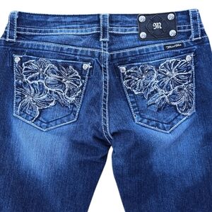 Miss Me Dark Denim Flare Size 30 Floral Rhinestone Pockets